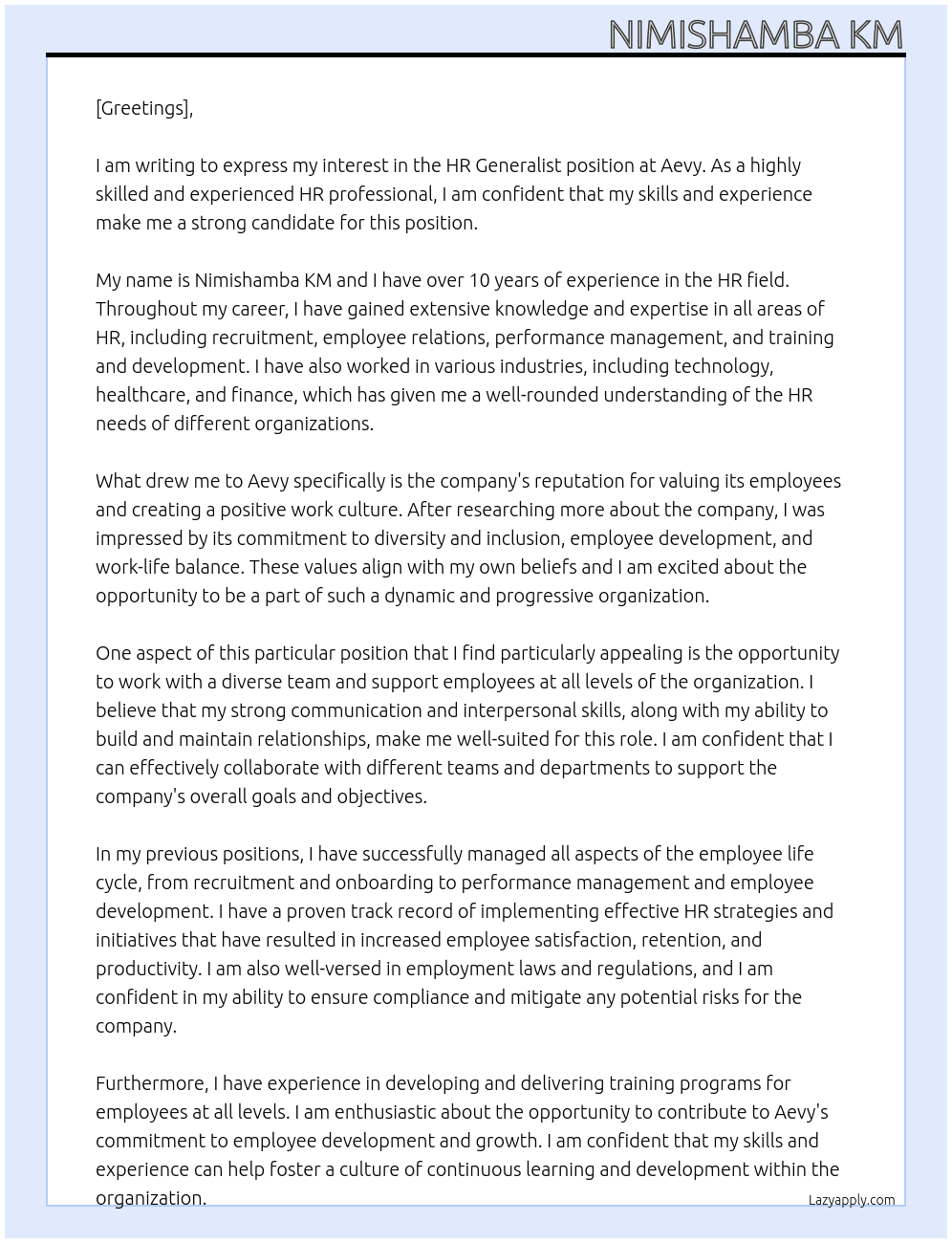 HR generalist  At Aevy Cover Letter
