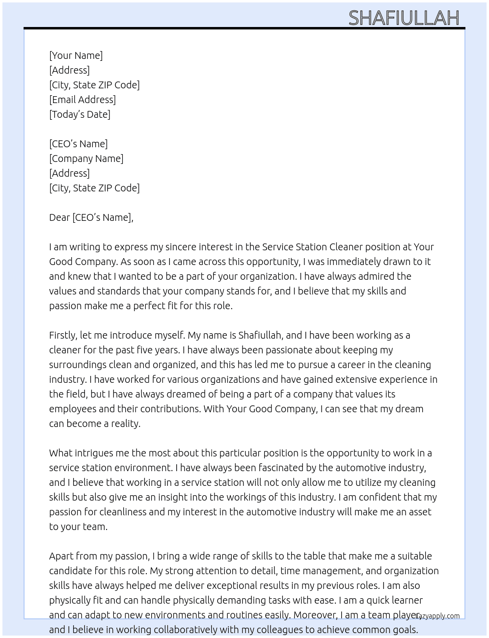 Service station cleaner  At Your good company  Cover Letter