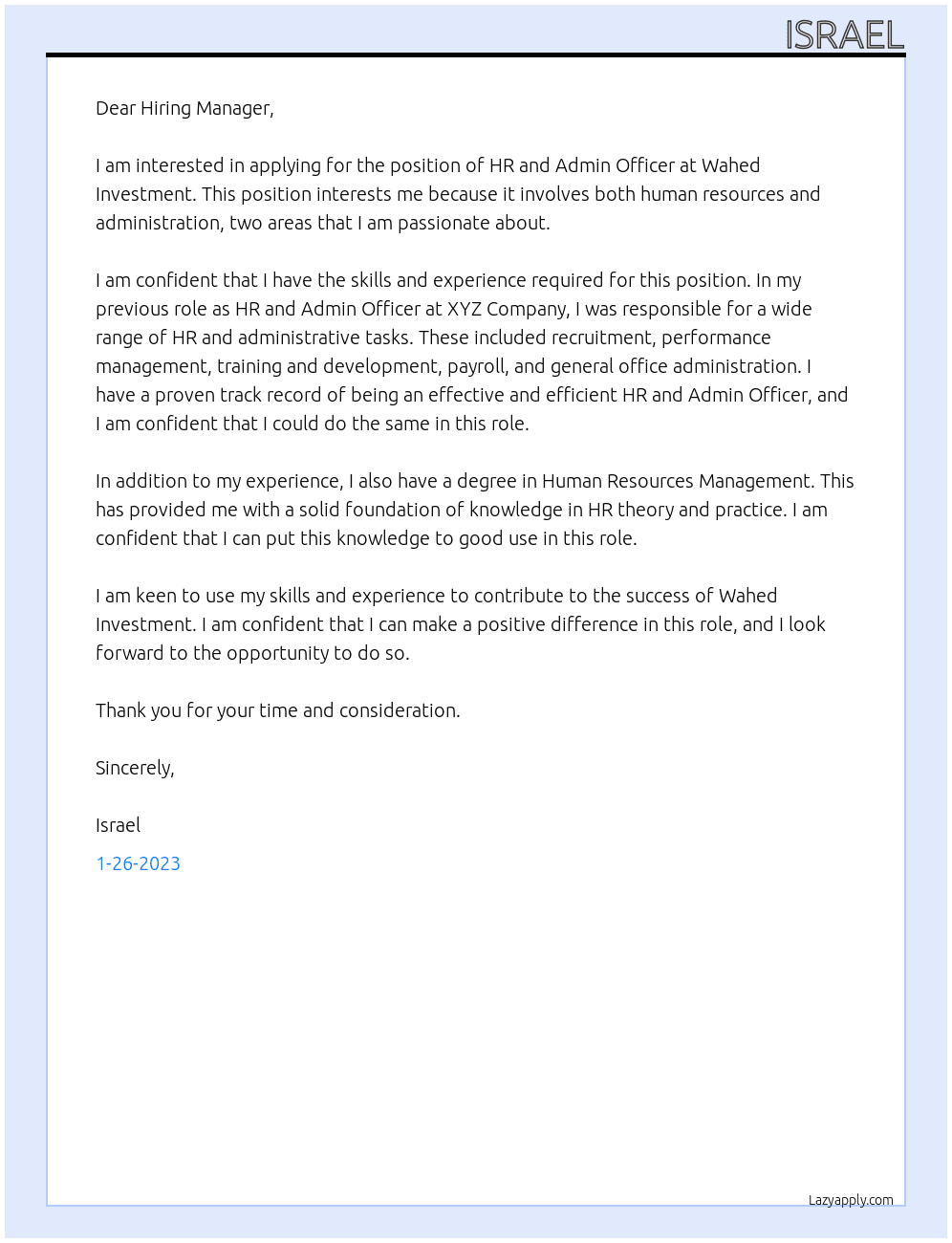 HR and Admin Officer At Wahed Investment Cover Letter