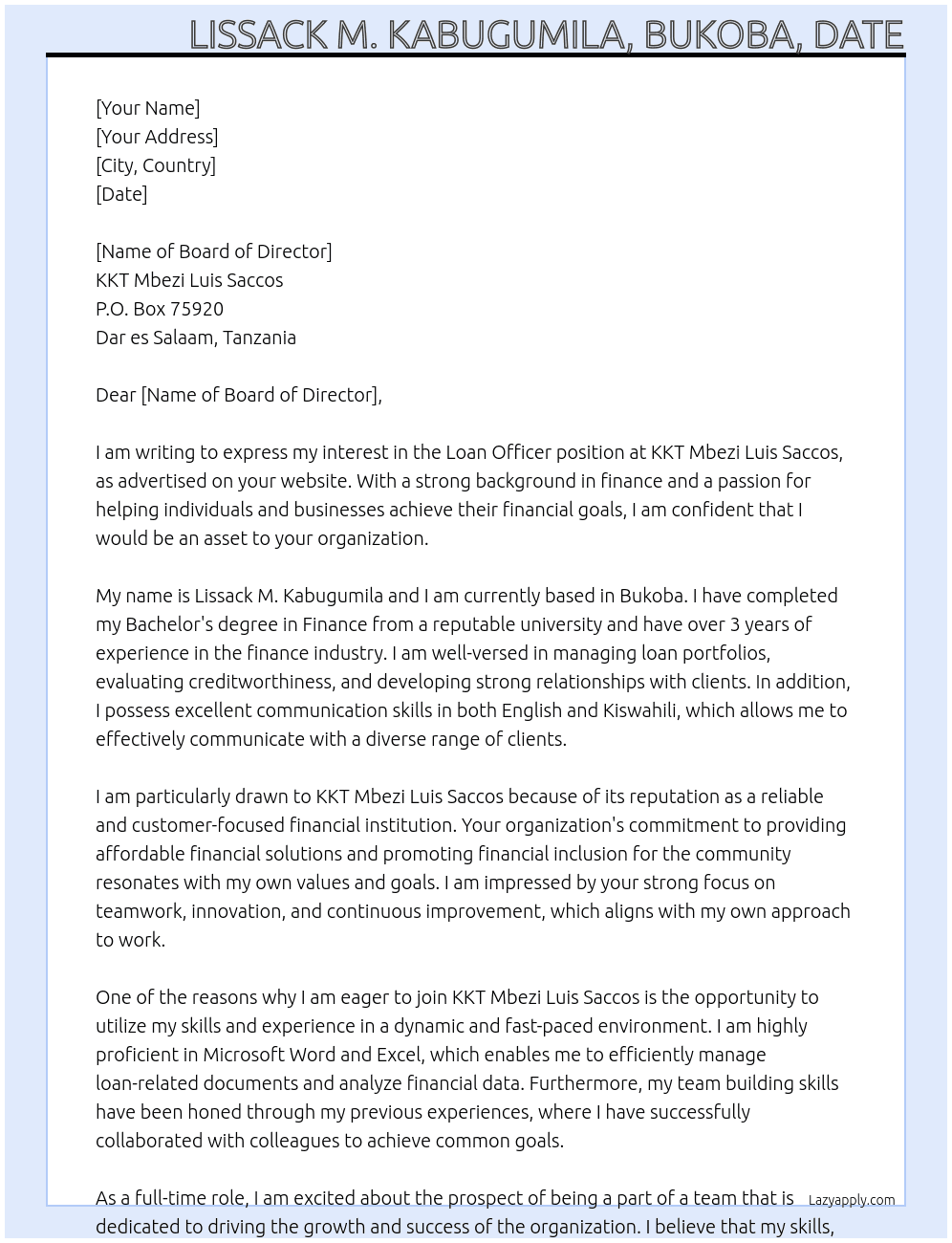 loan officer  At kkt mbezi luis saccos  Cover Letter