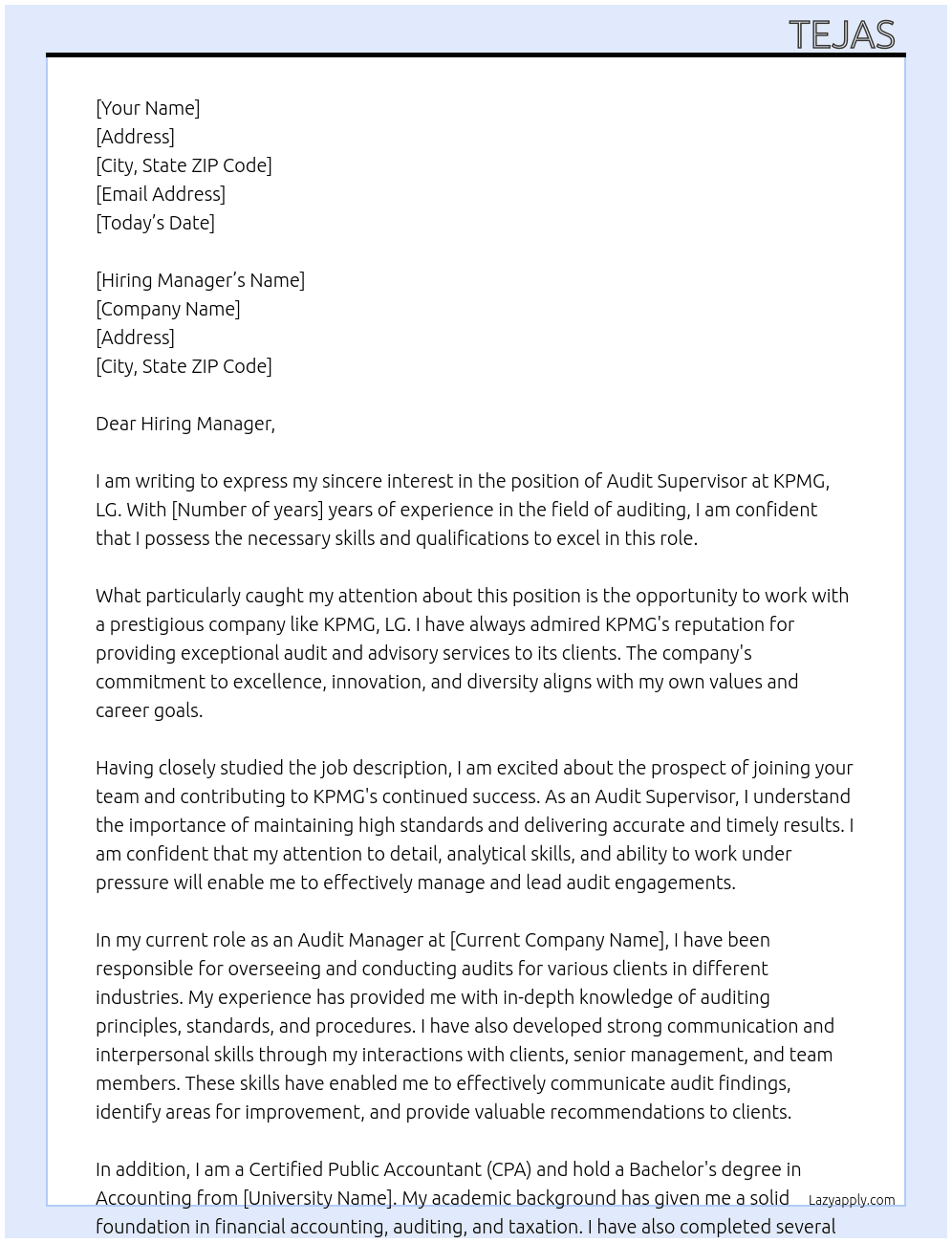 Audit Supervisor At KPMG,LG Cover Letter