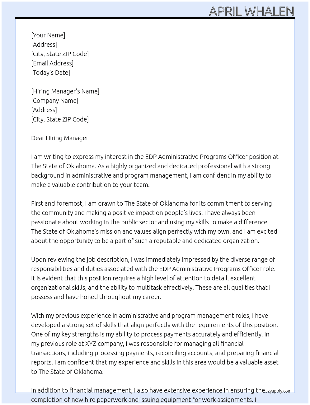 EDP Administrative Programs Officer At The State of Oklahoma Cover Letter