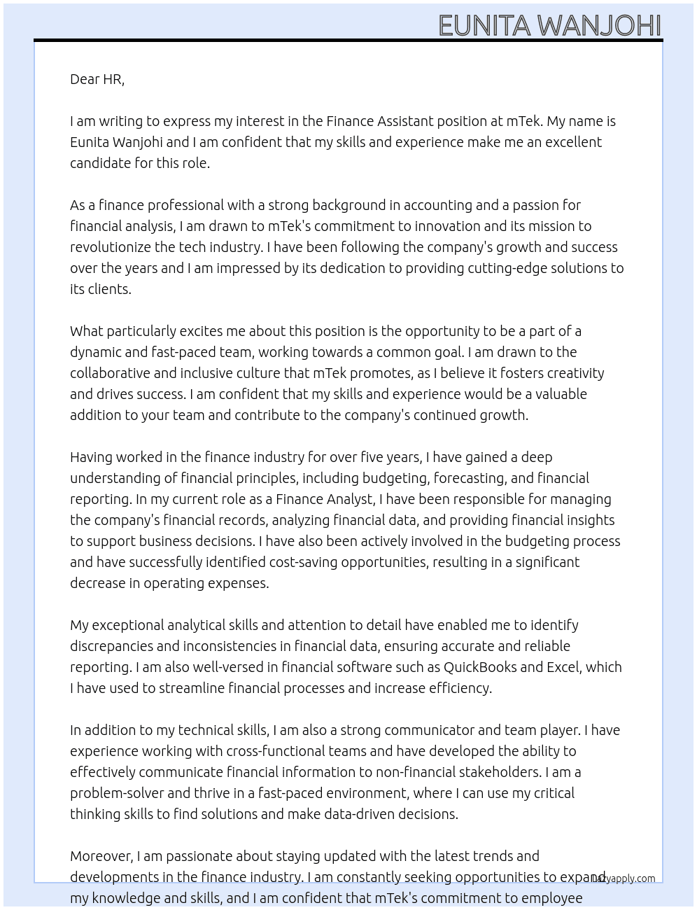 Finance Assistant At mTek Cover Letter