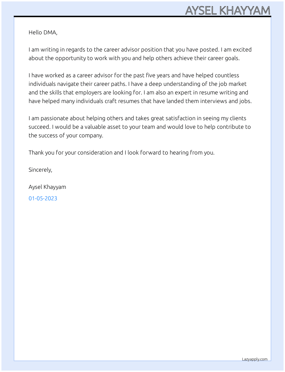 career advisor At DMA Cover Letter