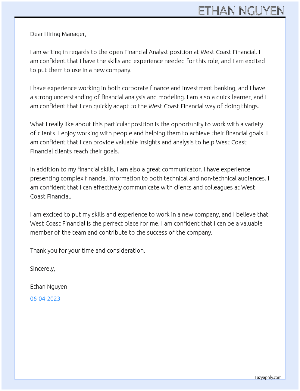 Financial Analyst At West Coast Financial Cover Letter