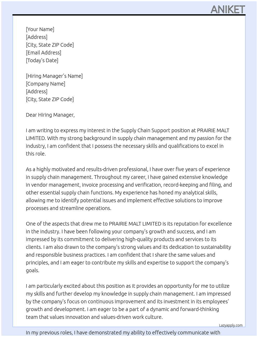 Supply Chain Support At PRAIRIE MALT LIMITED Cover Letter