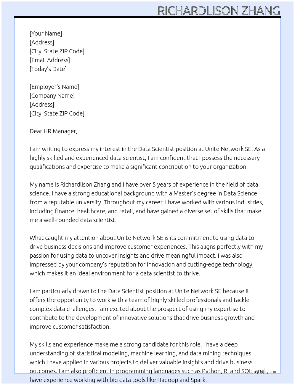 Data Scientist At Unite Network SE Cover Letter