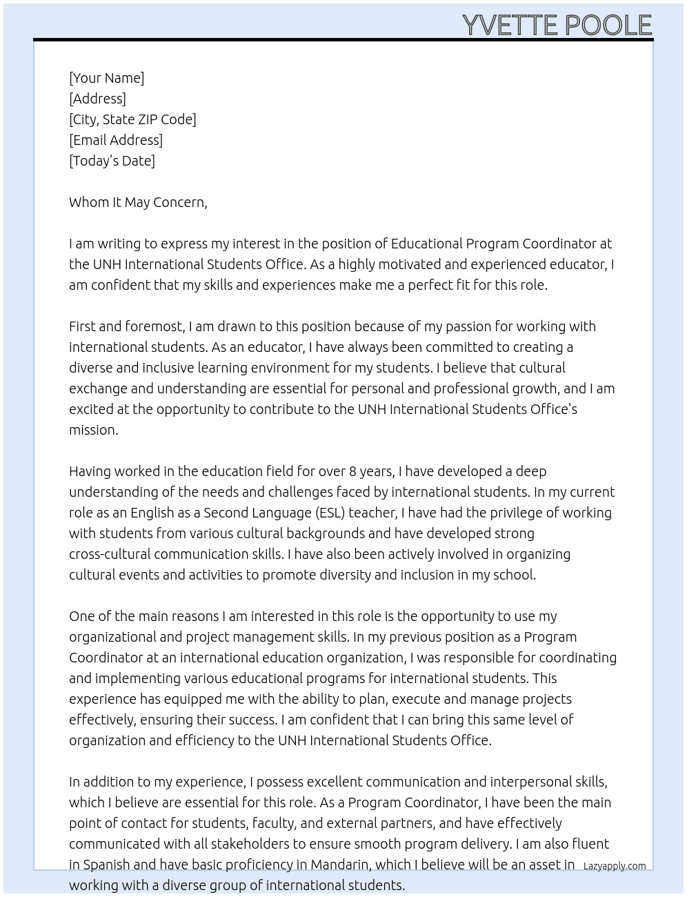 Educational Program Coordinator At UNH International Students Office Cover Letter