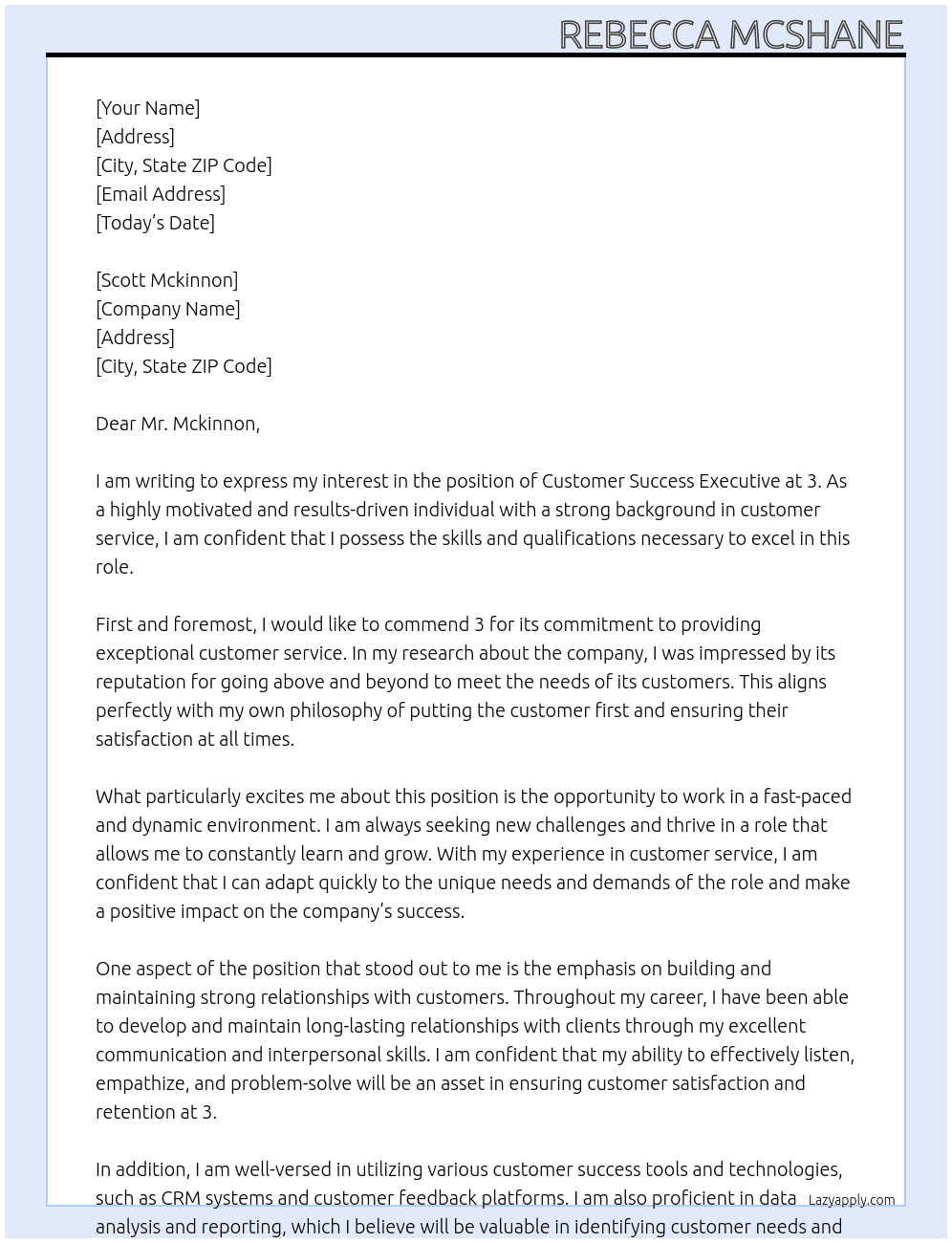 Customer Success Executive At 3 Cover Letter