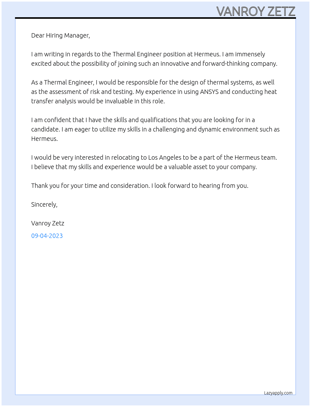 Thermal Engineer At Hermeus Cover Letter
