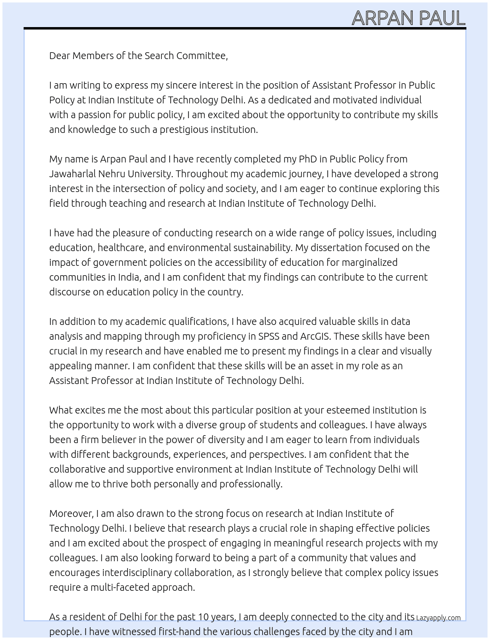 Assistant Professor in Public Policy At Indian Institute of Technology Delhi  Cover Letter