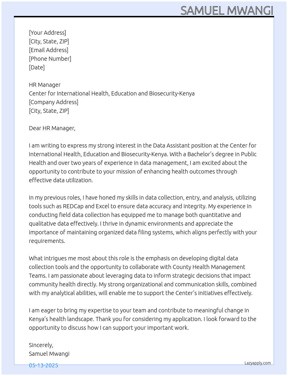Cover letter for data assistant - LazyApply