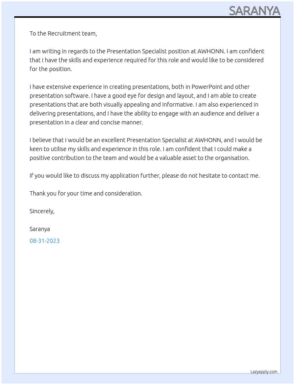 Presentation Specialist  At AWHONN Cover Letter