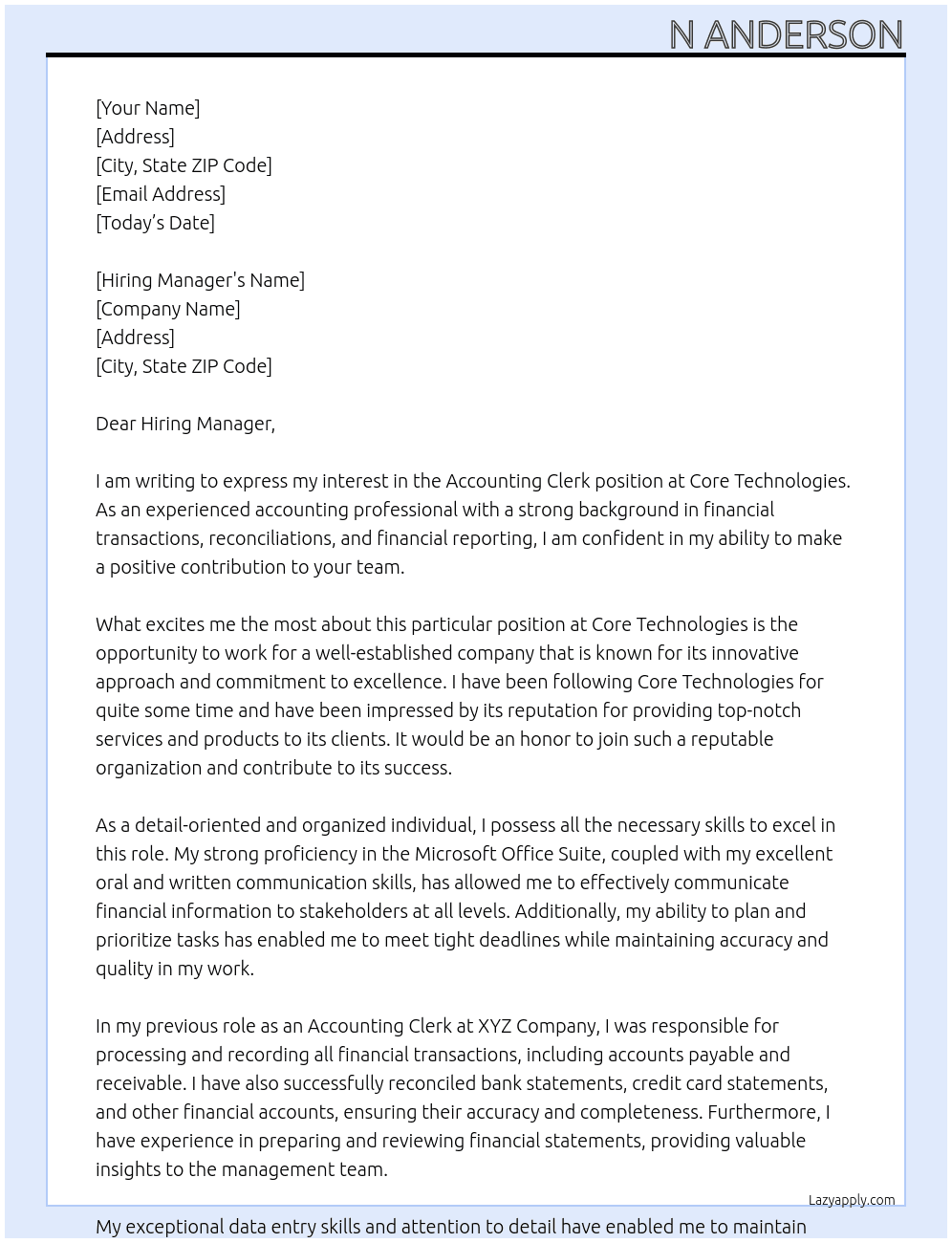 Accounting Clerk At Core Technologies Cover Letter