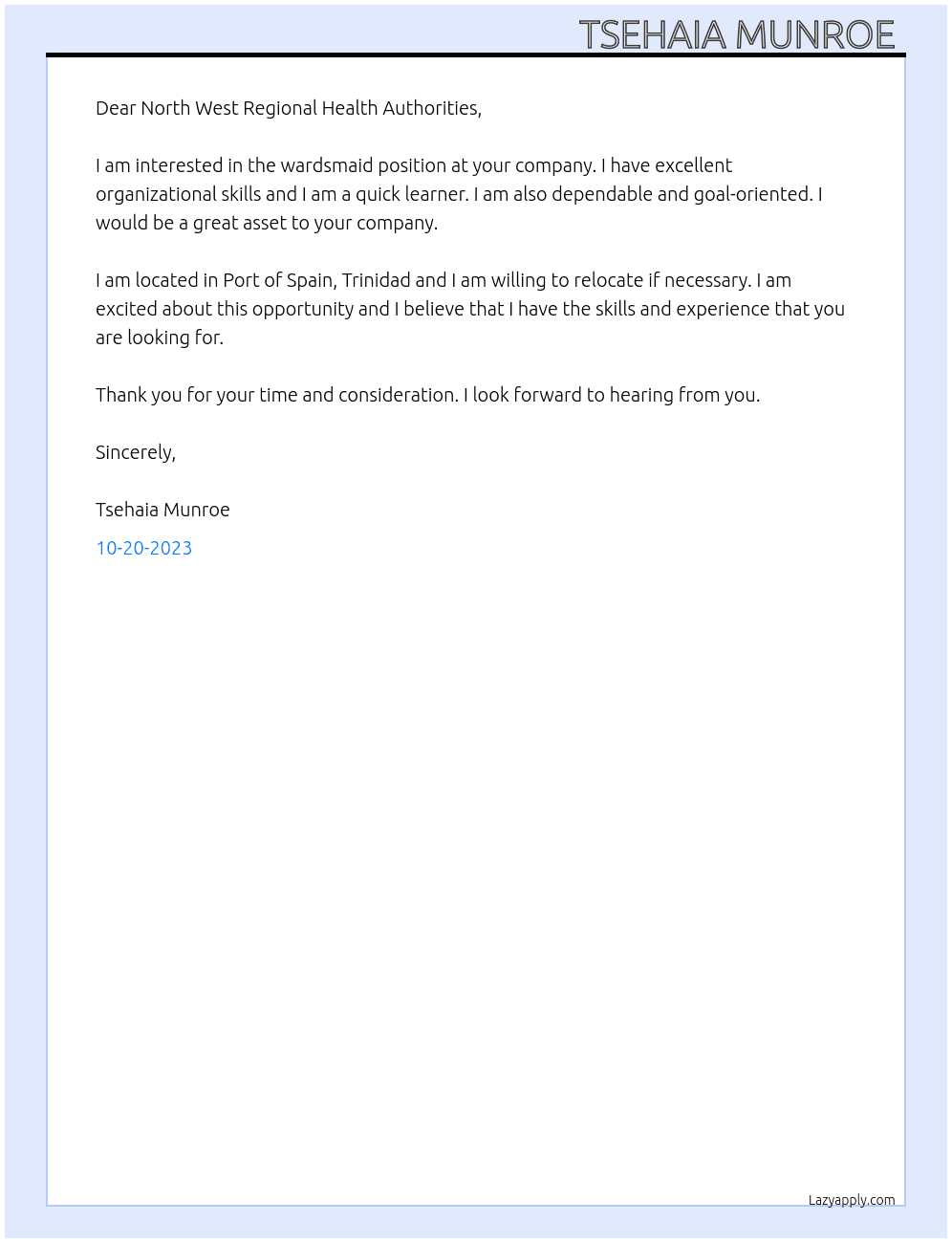 Wardsmaid At North West Regional Health Authorities  Cover Letter