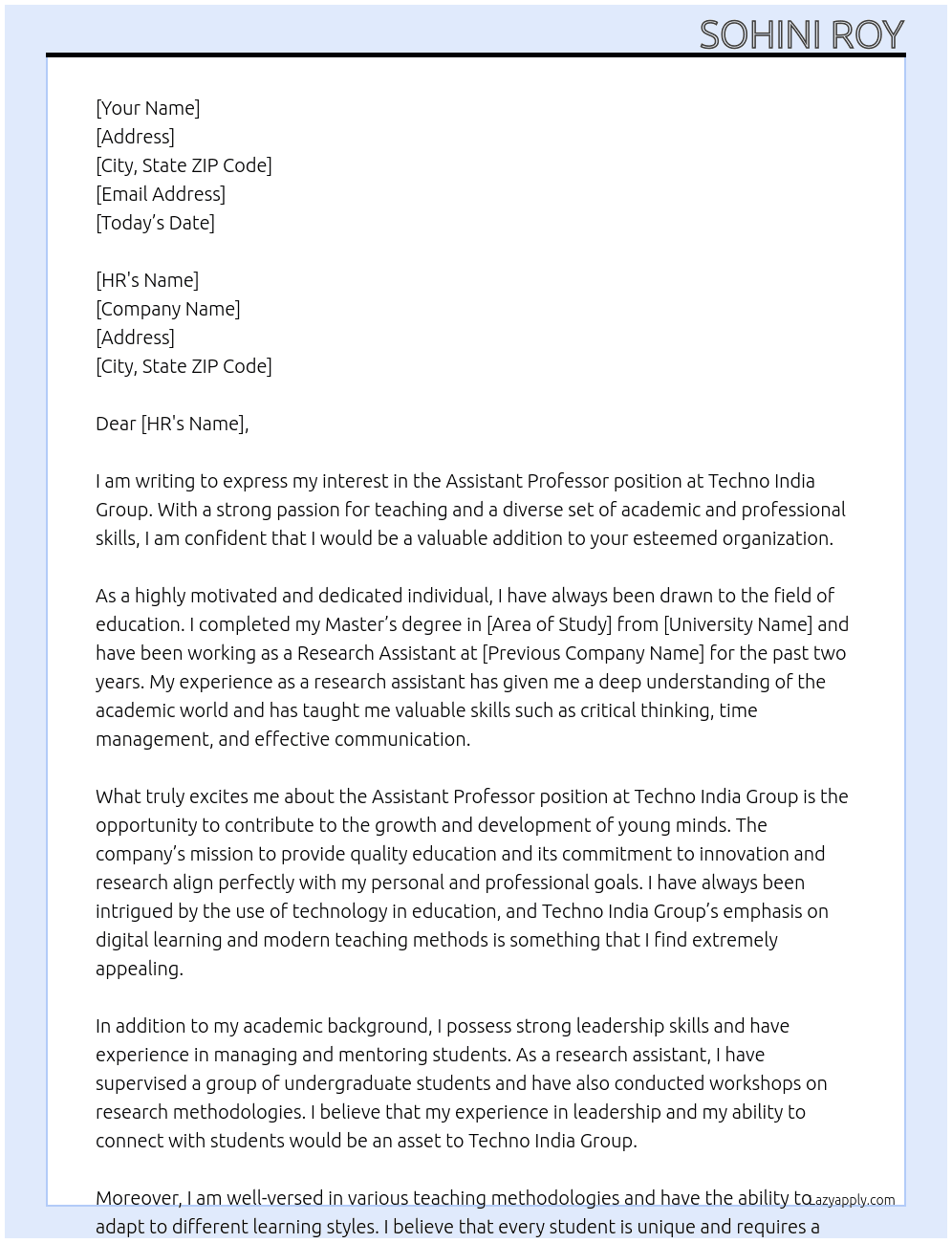 Assisatant Professor At Techno India Group Cover Letter
