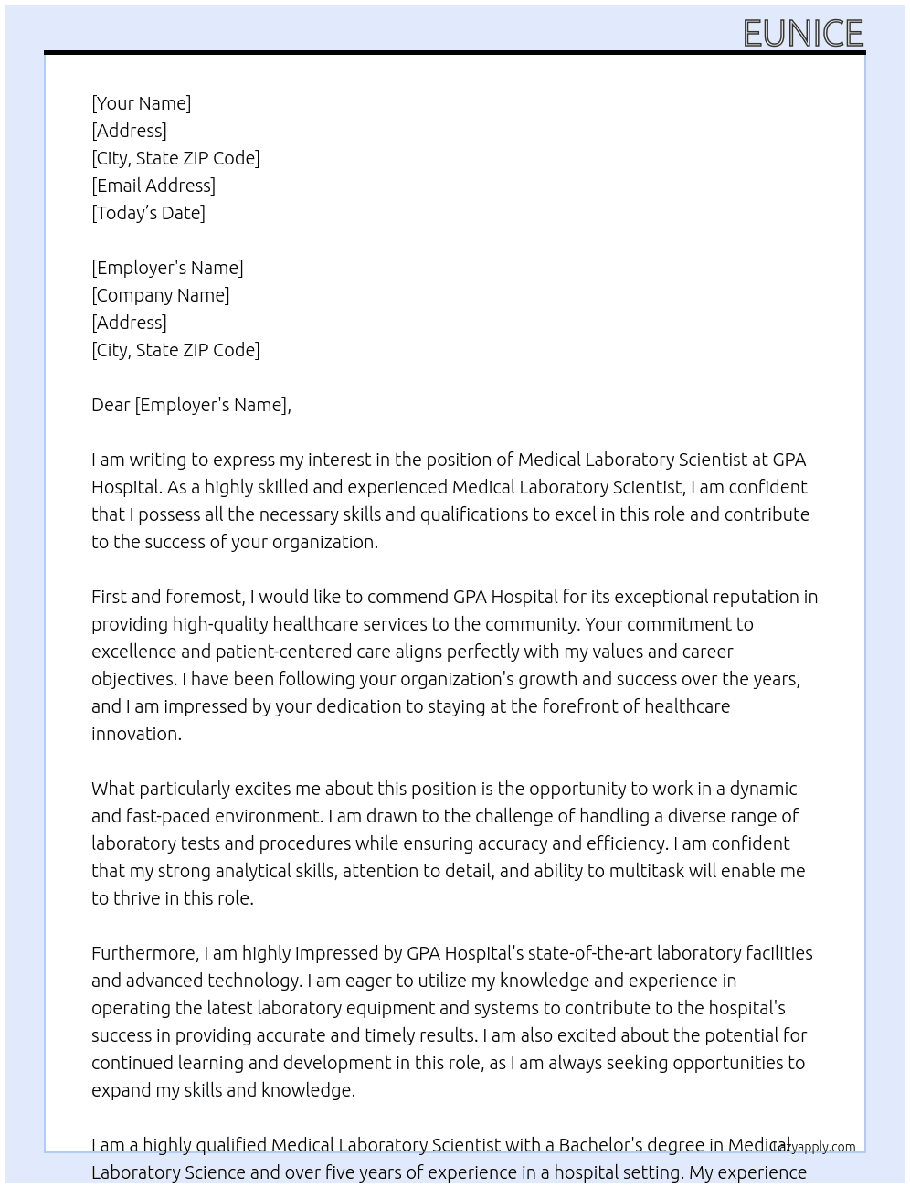 MEDICAL LABORATORY SCIENTIST At GPA Hospital Cover Letter