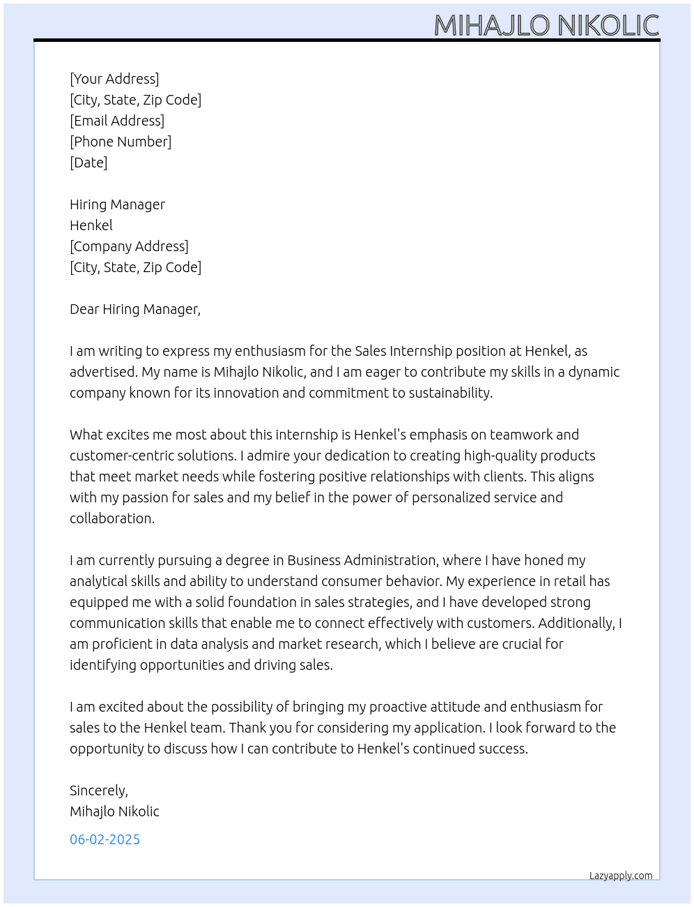 Sales internship At Henkel Cover Letter