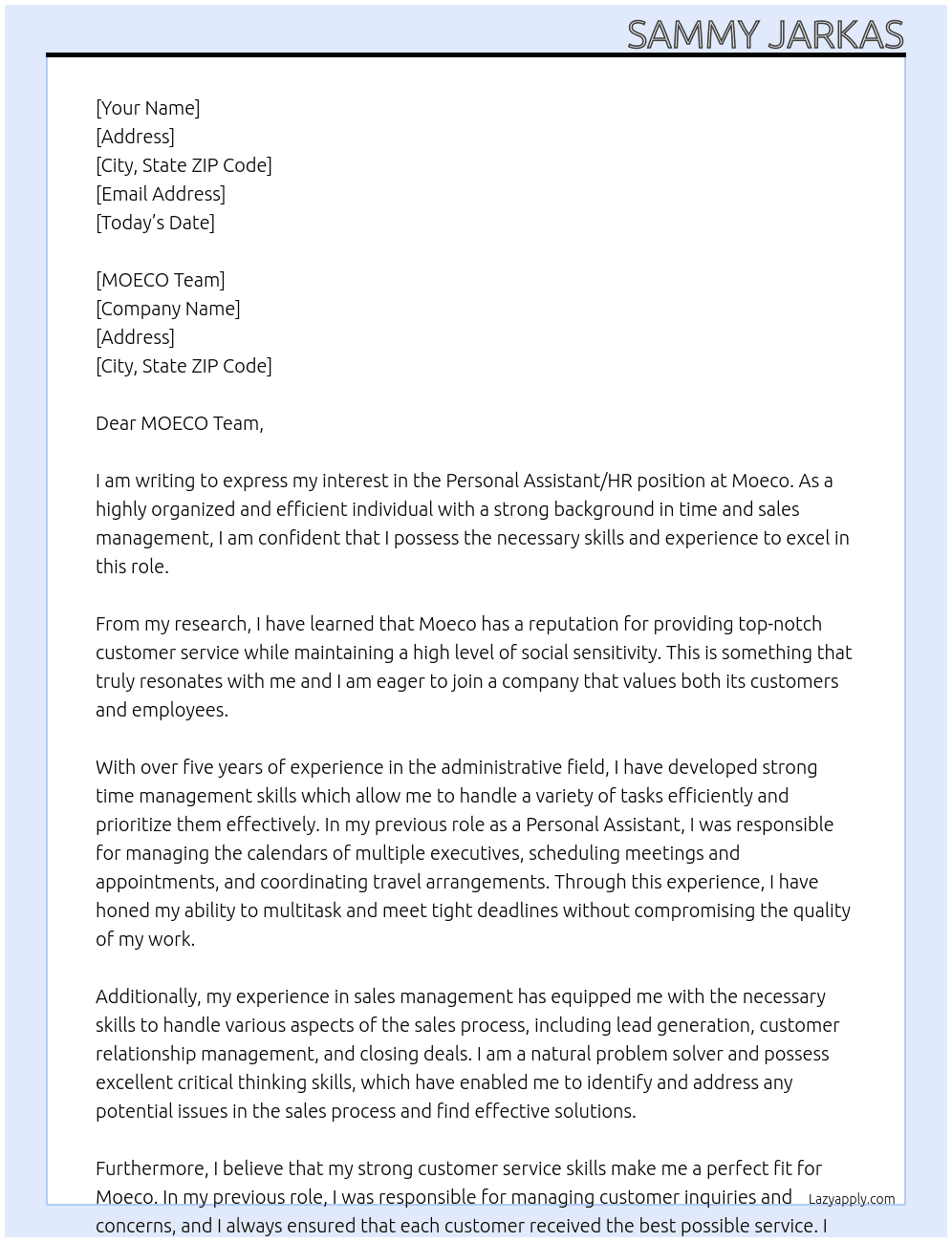 Personal Assistant/HR At Moeco Cover Letter