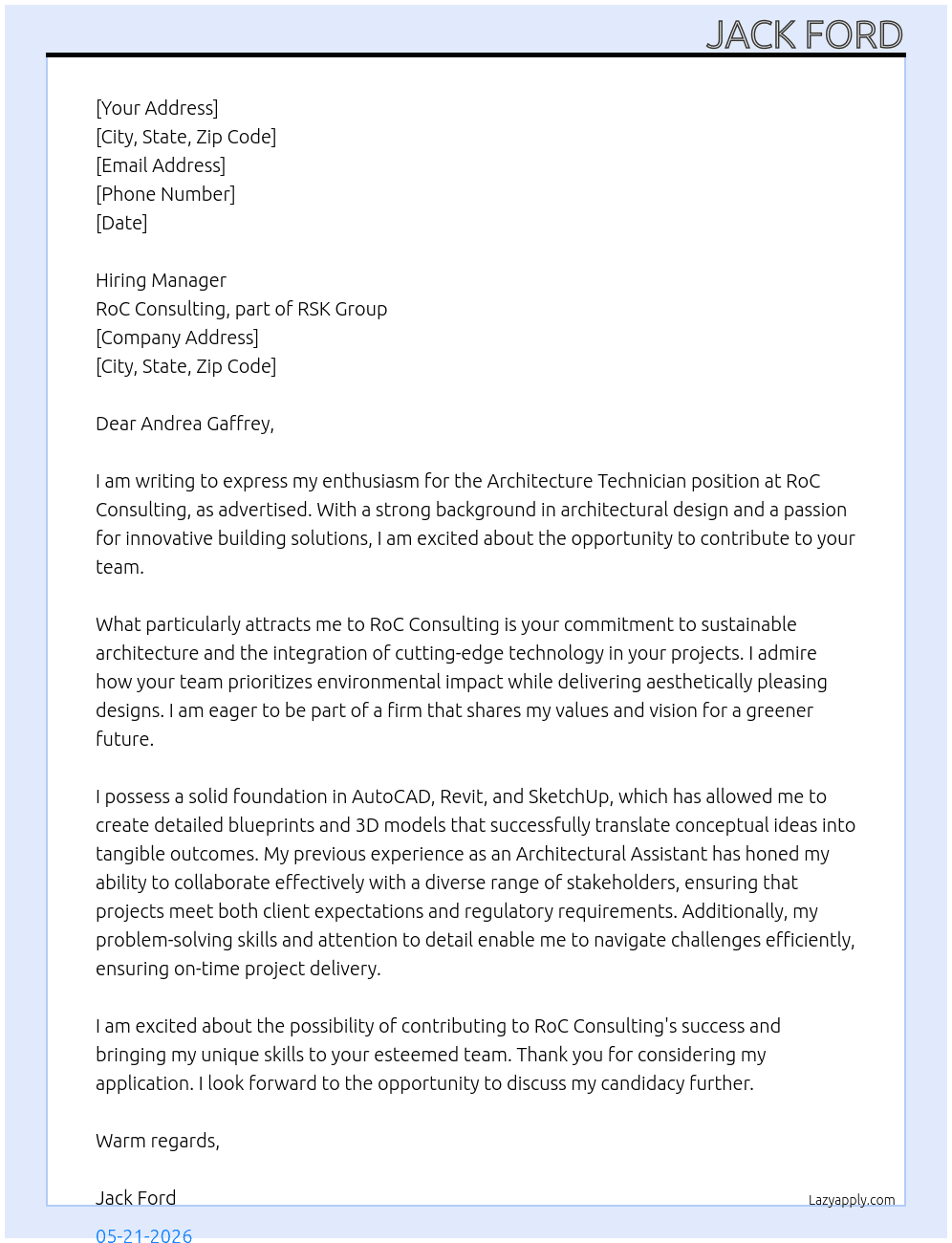 architecture technician At RoC Consulting part of RSK Group Cover Letter