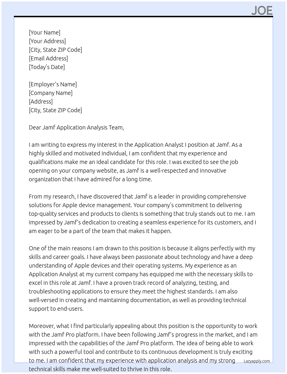 Application Analyst I At Jamf Cover Letter