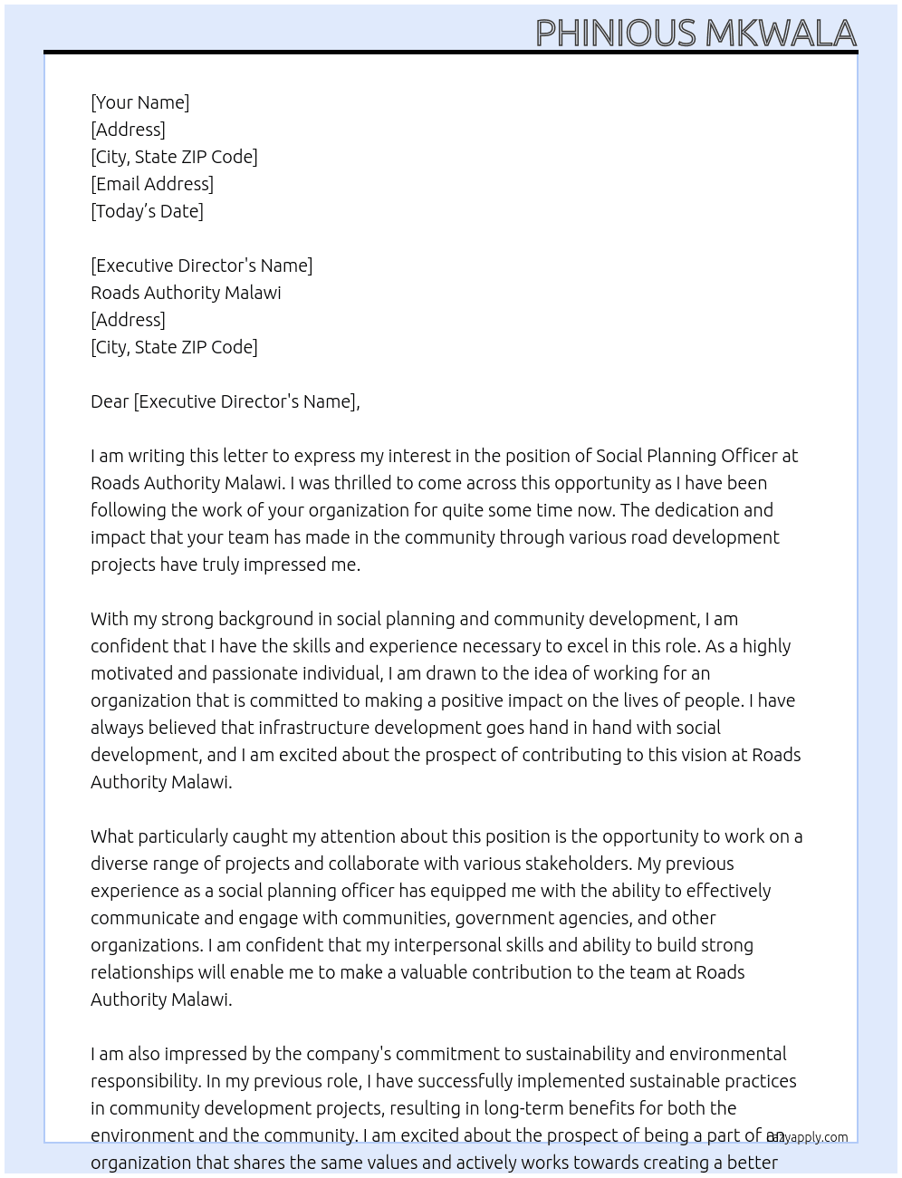 Social planning officer At Roads Authority Malawi Cover Letter