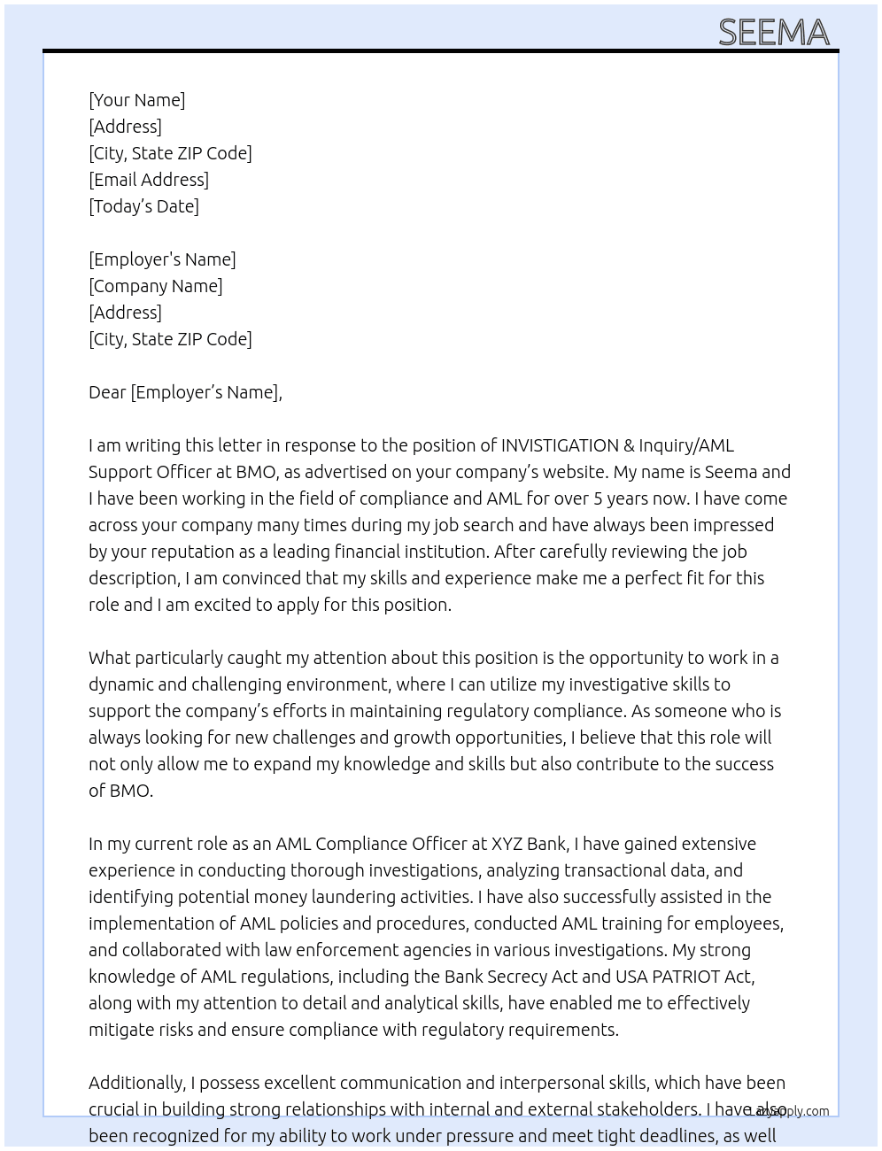 INVISTIGATION & Inquiry/AML Support officer At BMO  Cover Letter