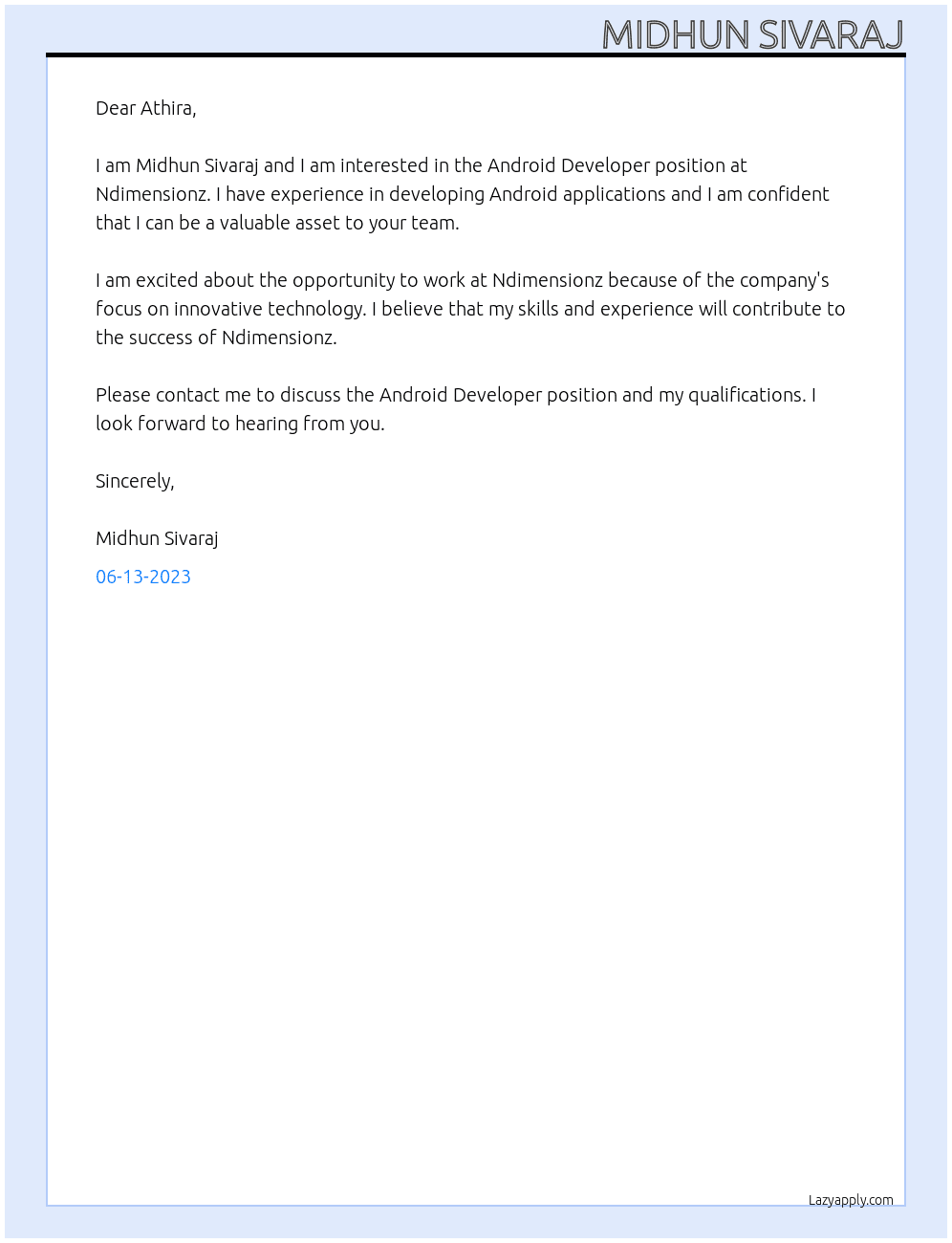 Android Developer At Ndimensionz Cover Letter