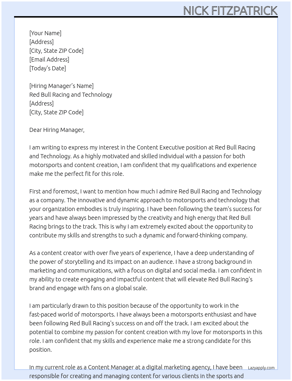 Content Executive At Red Bull Racing and Technology Cover Letter