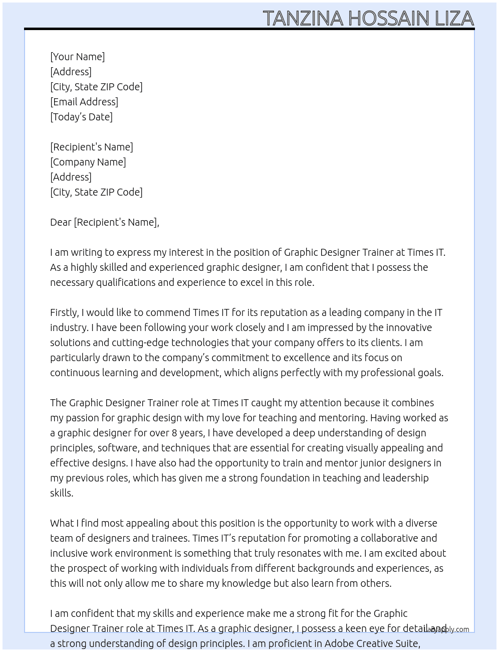 Graphic Designer Trainer At Times IT Cover Letter