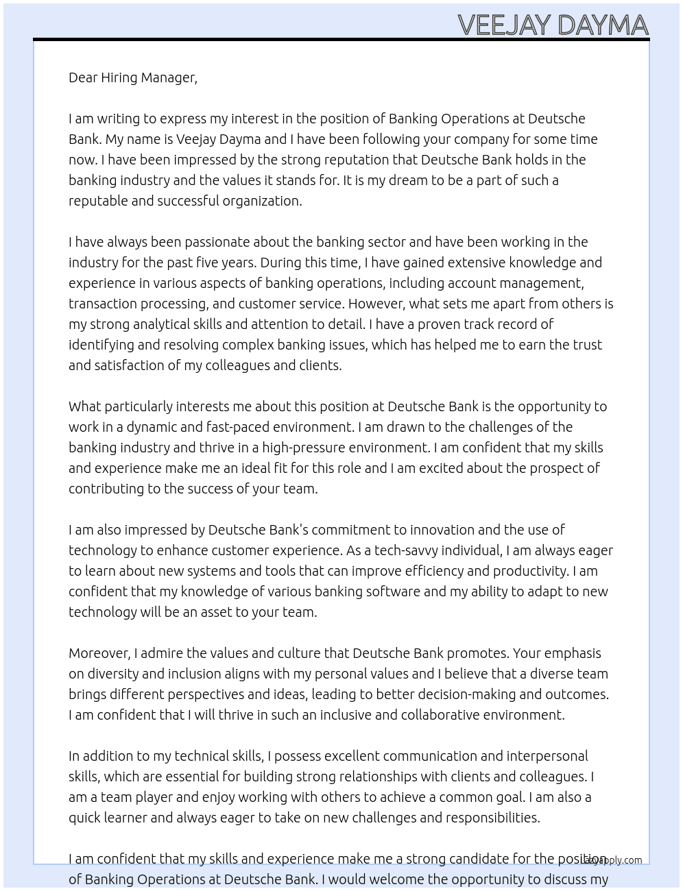 banking operations At Deutsche Bank Cover Letter
