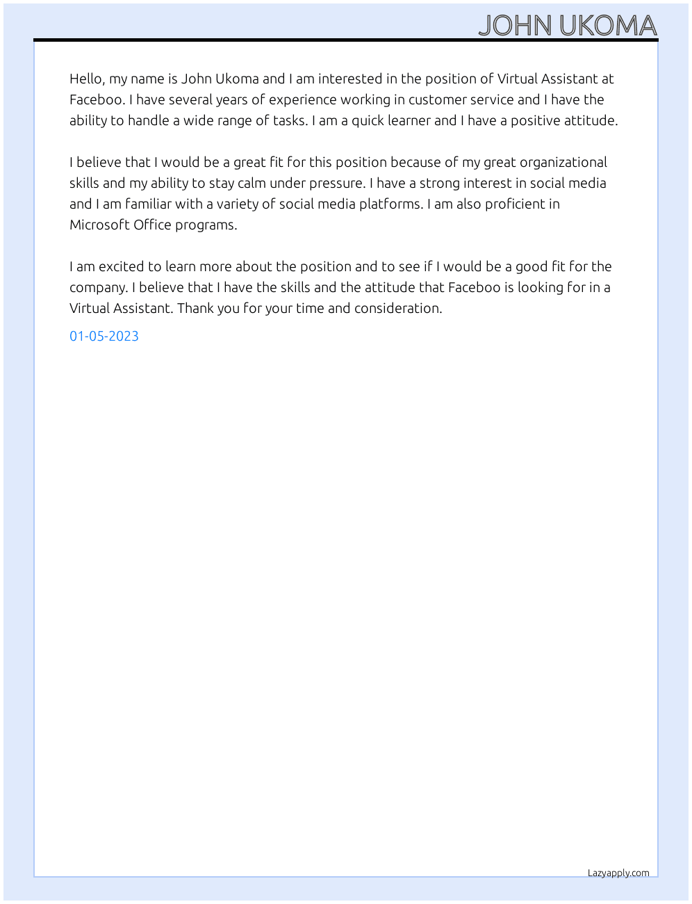 Virtual Assistant At Faceboo Cover Letter