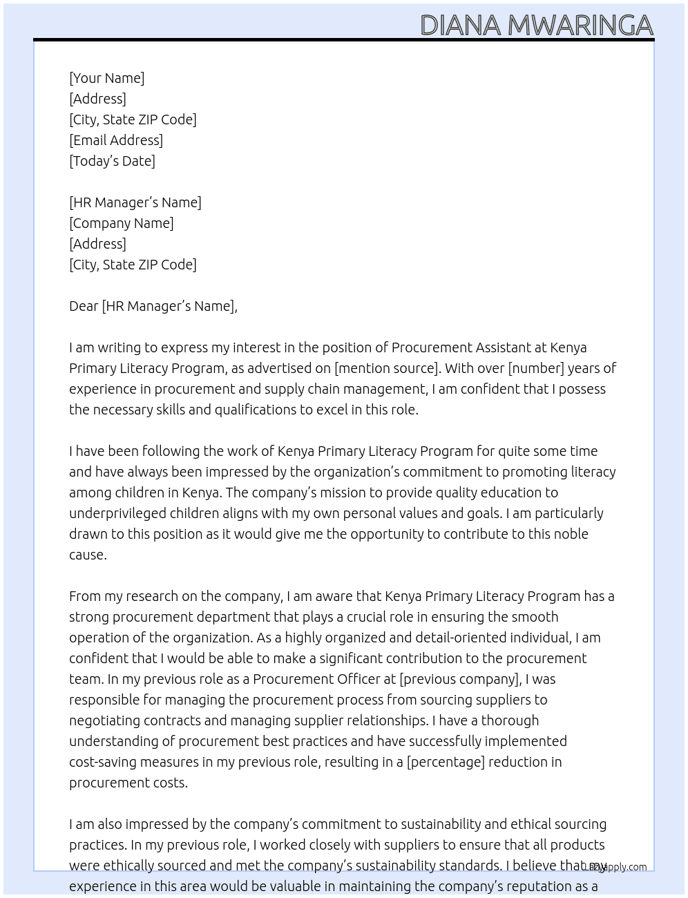 Procurement Assistant At Kenya Primary Literacy Program  Cover Letter