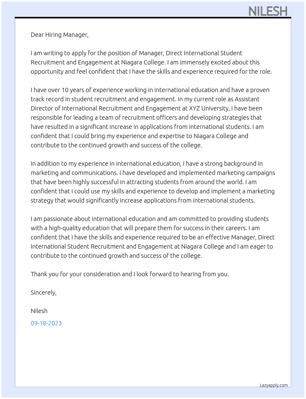Manager, Direct International Student Recruitment and Engagement At Niagara College Cover Letter