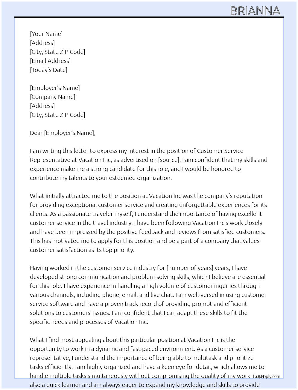 Customer Service Representative  At Vacation Inc Cover Letter