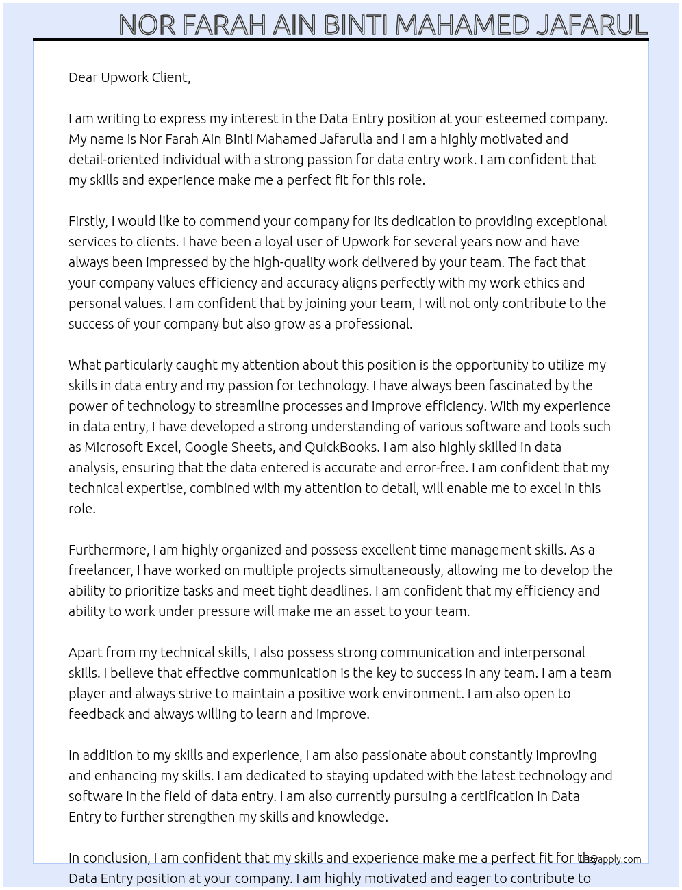 Data Entry At Upwork Client Cover Letter