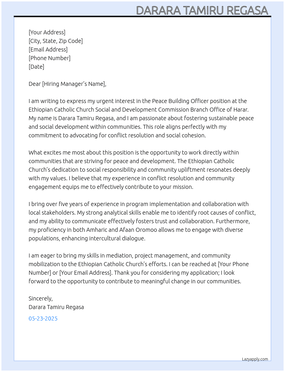 Cover letter for peace beulding officer - LazyApply