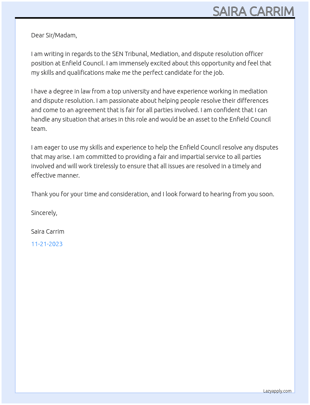 SEN Tribunal, Mediation, and dispute resolution officer At Enfield Council Cover Letter