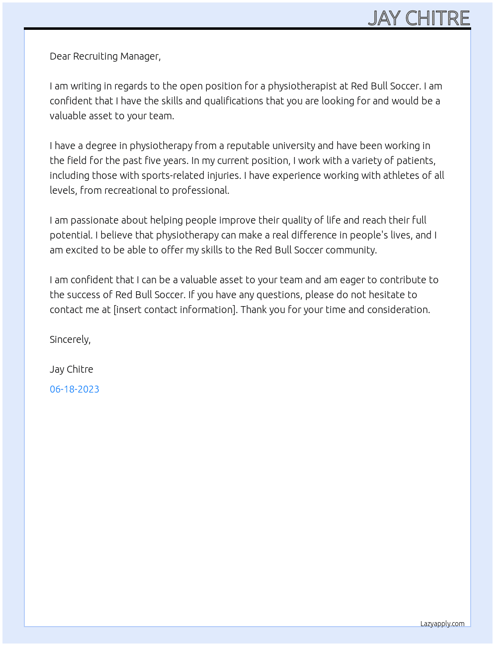 Physiotherapist At Red Bull Soccer Cover Letter