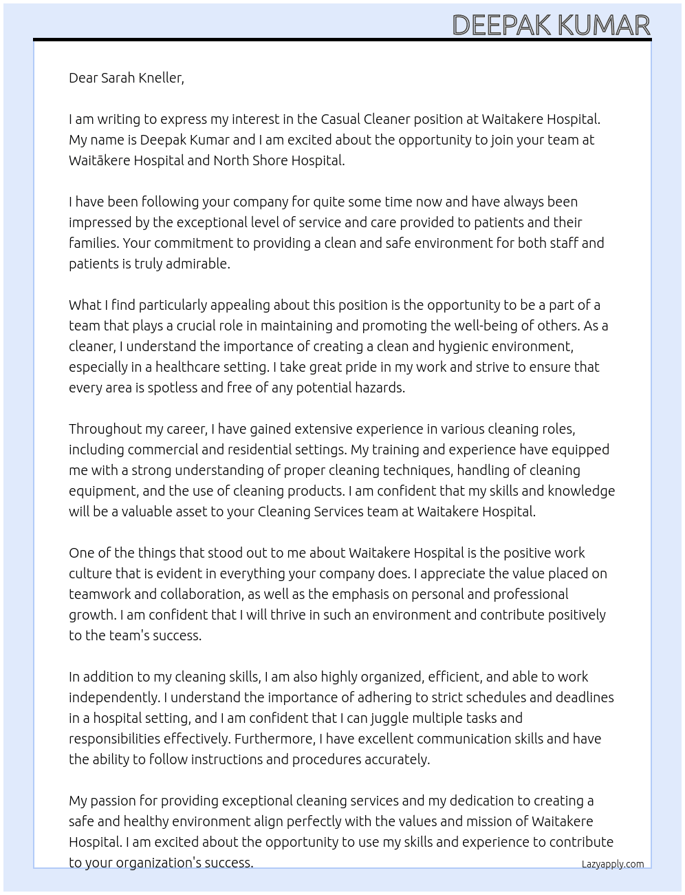 Casual Cleaner At Waitakere Hospital Cover Letter