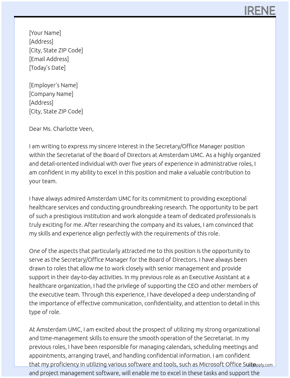 Secretary / Office manager secretariat of the board of directors At Amsterdam UMC Cover Letter
