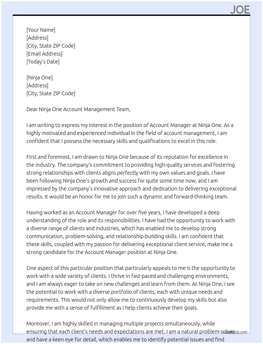 Account Manager At Ninja One Cover Letter