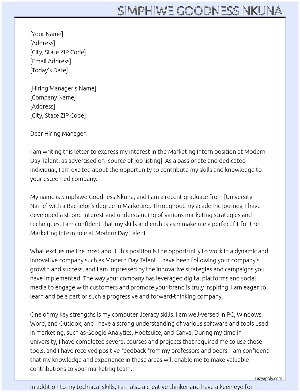 Marketing intern  At Modern Day Talent  Cover Letter