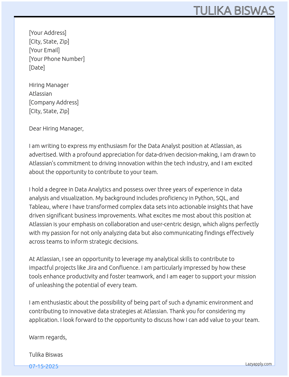 data analyst At Atlassian  Cover Letter