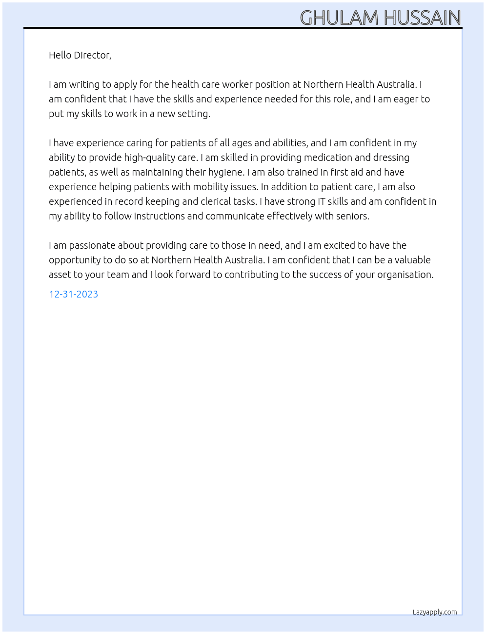 health care worker At Northern Health Australia Cover Letter