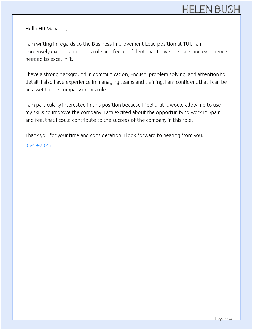 Business Improvement Lead At TUI Cover Letter
