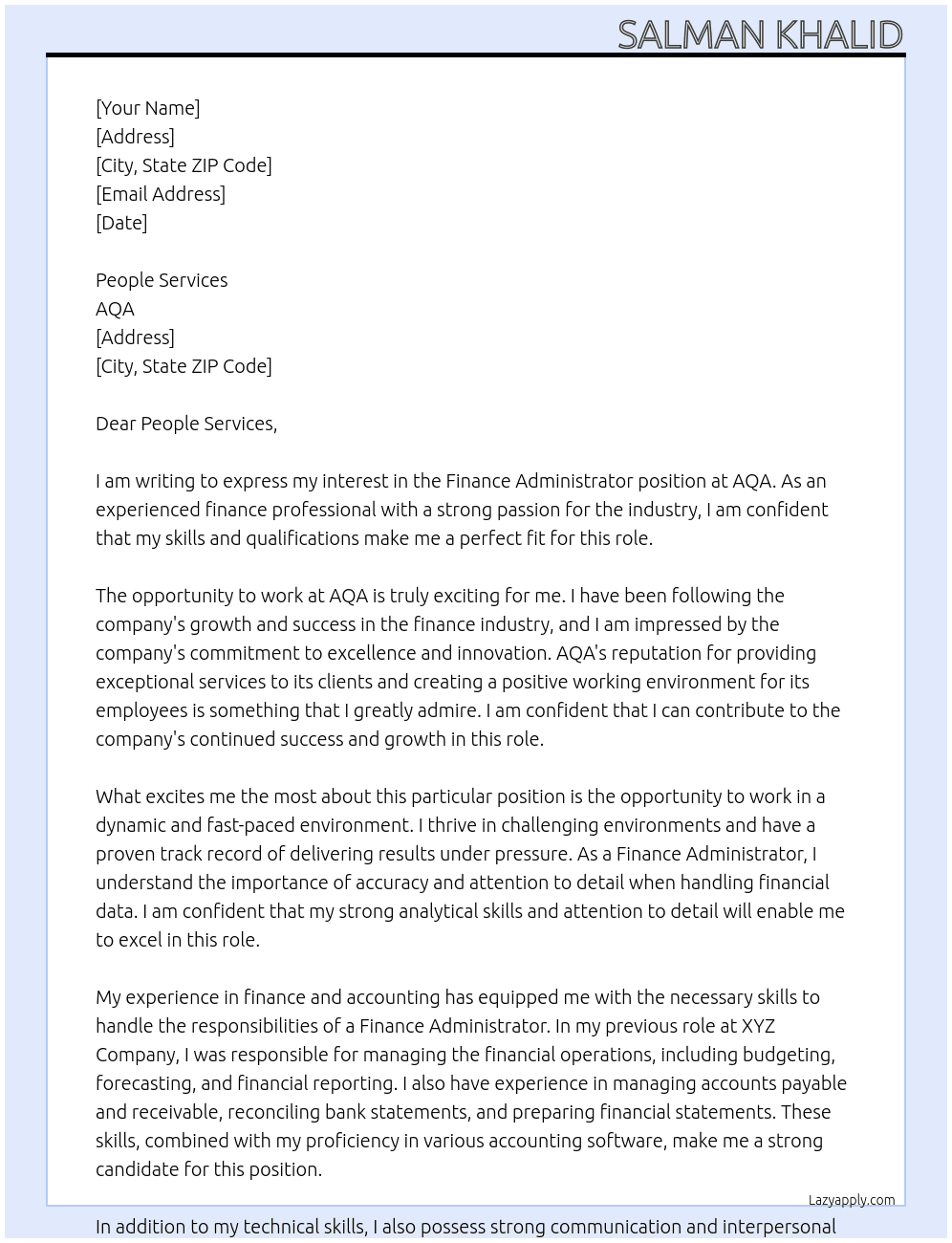 Finance Administrator At AQA Cover Letter