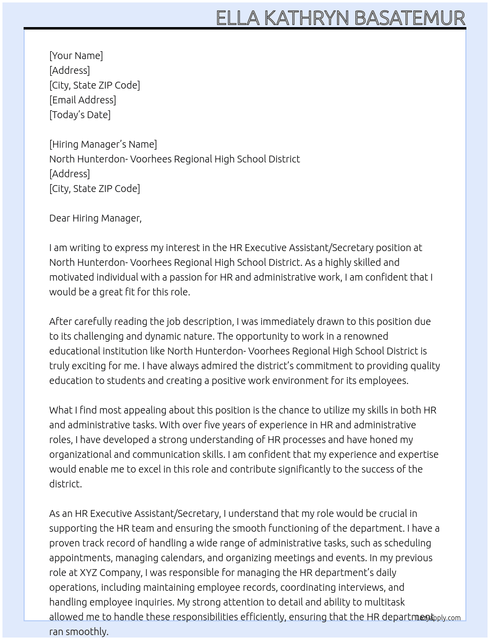HR Executive Assistant / Secretary At North Hunterdon- Voorhees Regional High School District Cover Letter