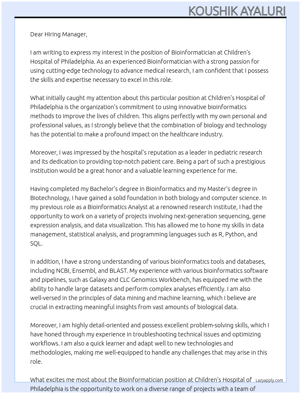 Bioinformatician At Children's Hospital of Philadelphia Cover Letter