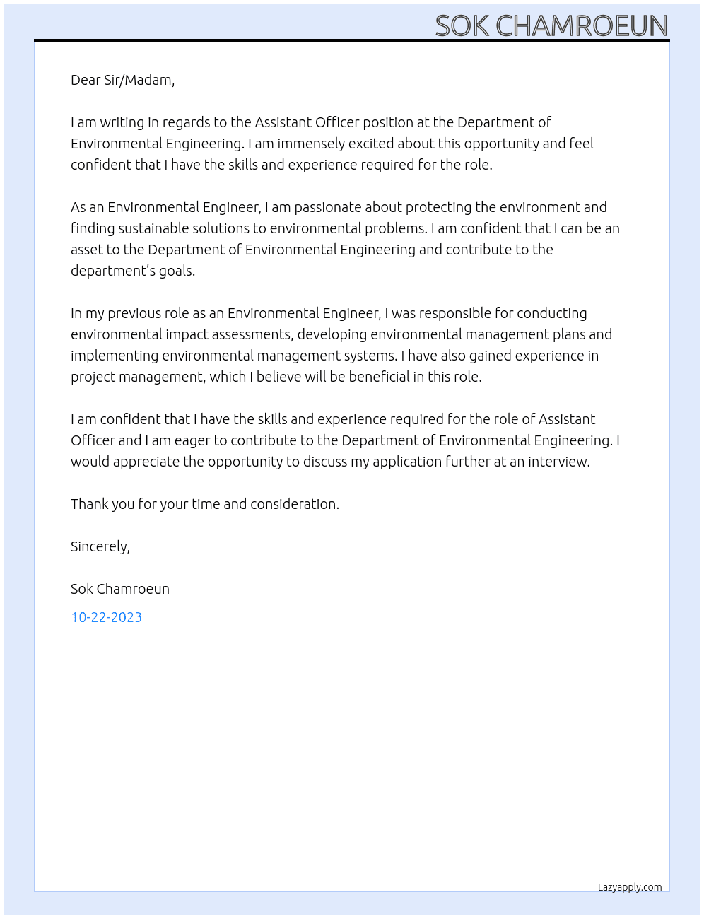 Assistant Officer At Department of Environmental Engineering Cover Letter